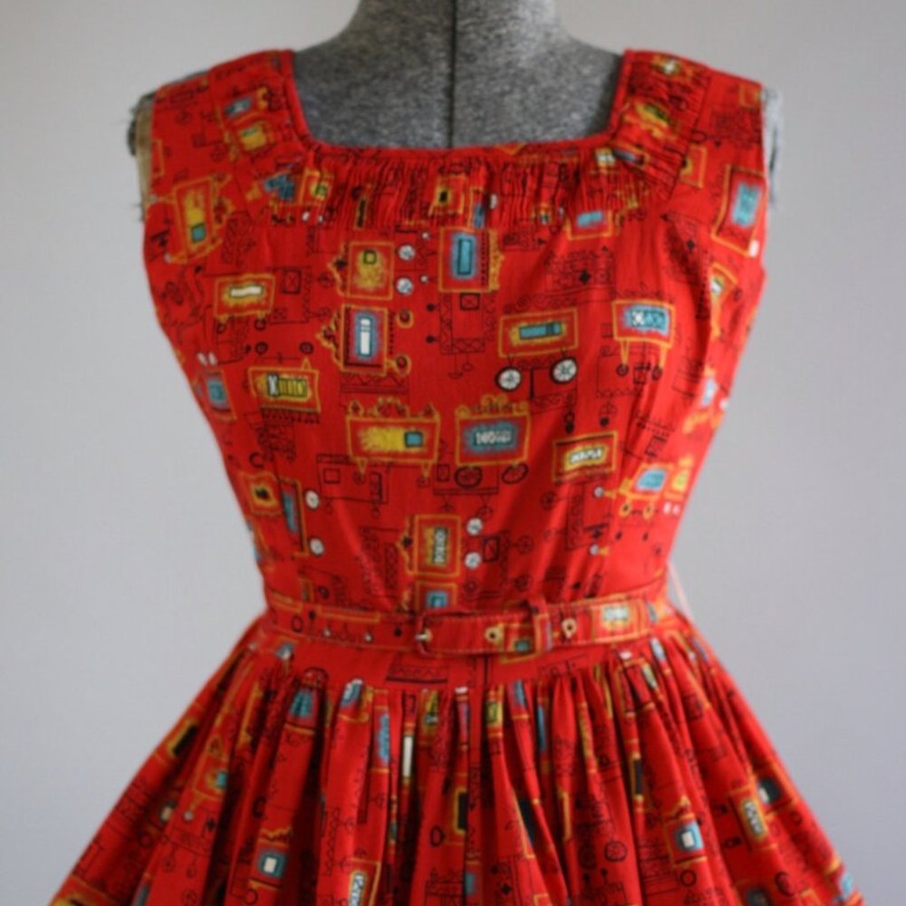 Vintage 1950s Red Circus Carriage Dress Size Small